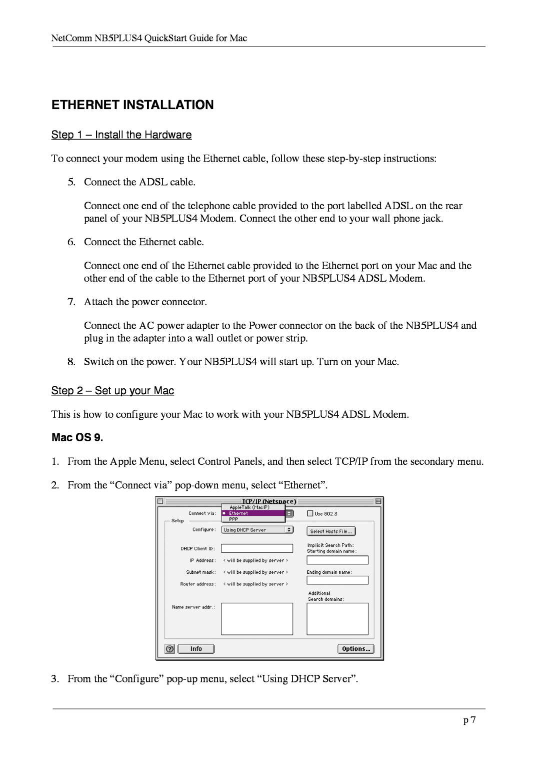 NetComm NB5Plus4 quick start Ethernet Installation, Mac OS 