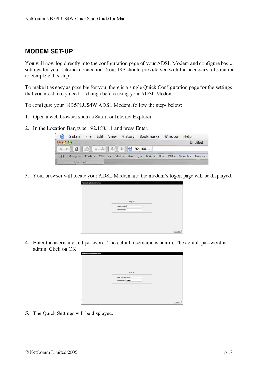 NetComm NB5PLUS4W quick start Modem SET-UP 