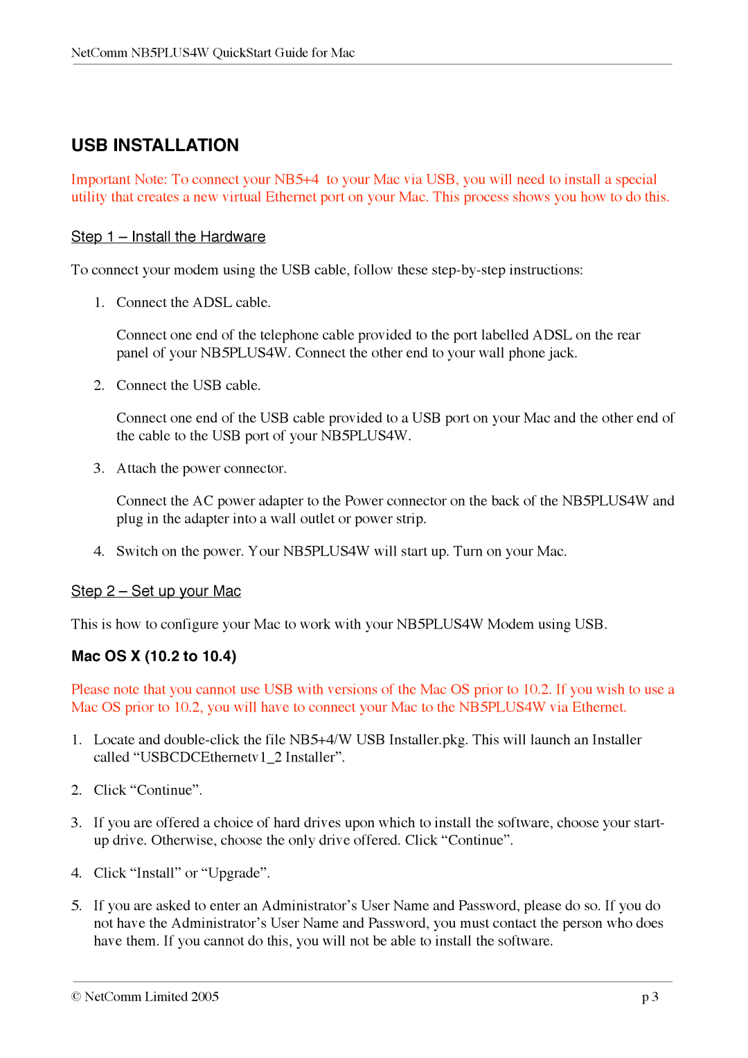 NetComm NB5PLUS4W quick start USB Installation, Install the Hardware 