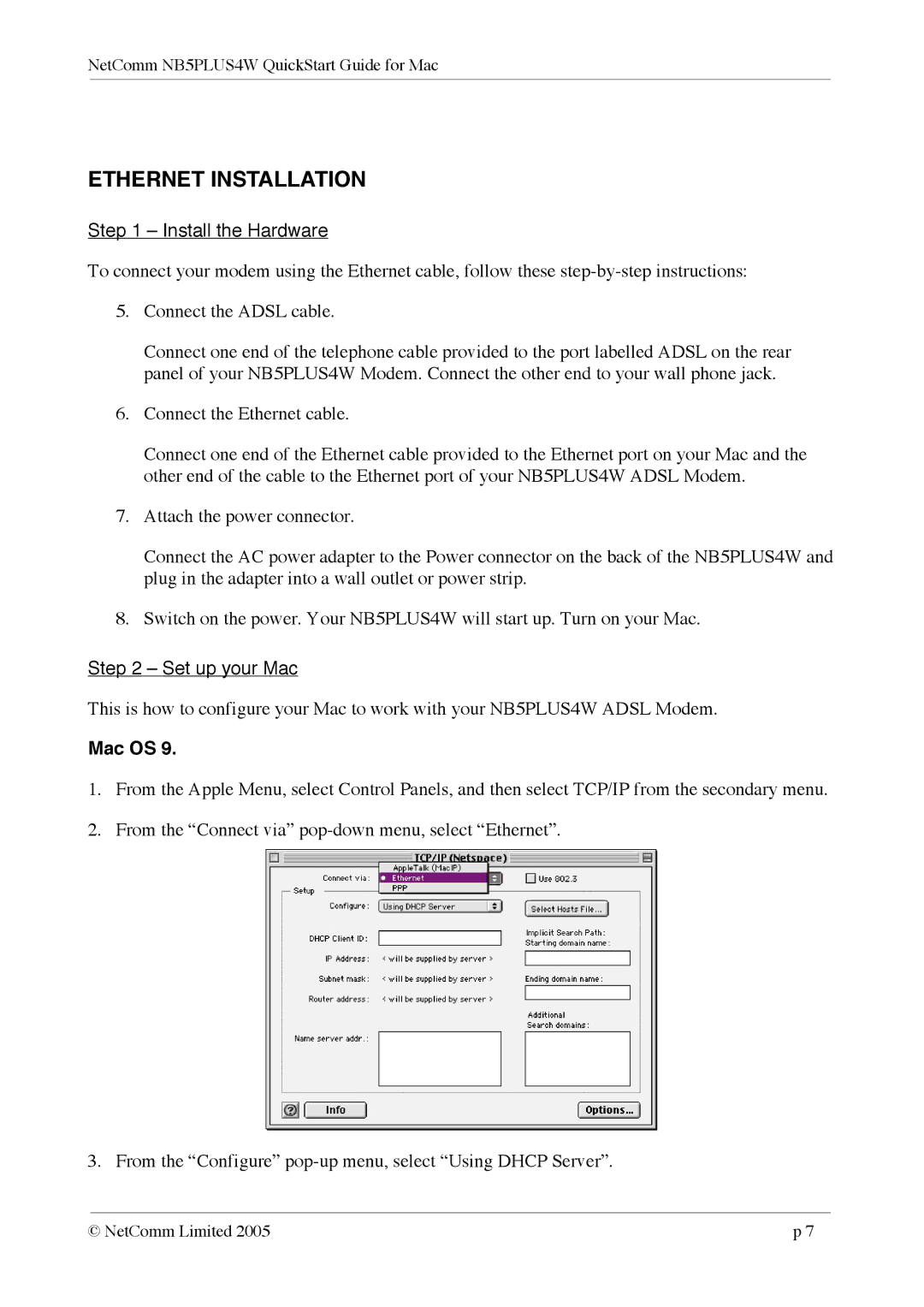 NetComm NB5PLUS4W quick start Ethernet Installation, Mac OS 