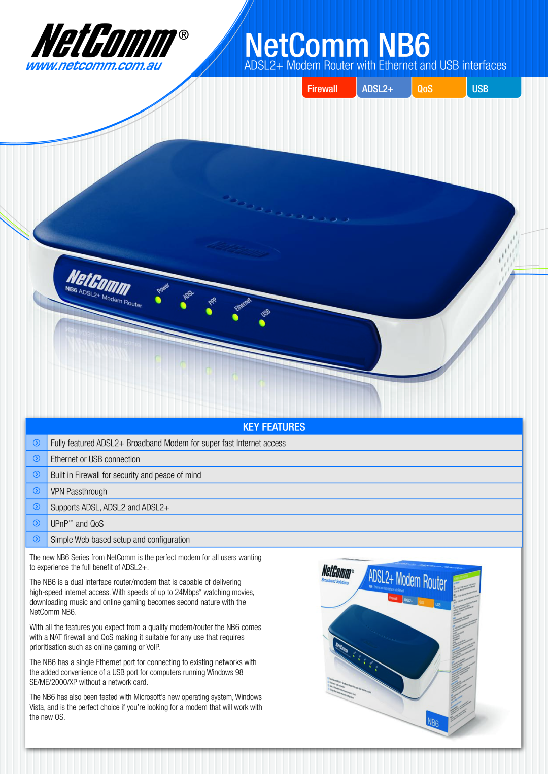 NetComm manual NetComm NB6, ADSL2+ Modem Router with Ethernet and USB interfaces, Key Features, Firewall 