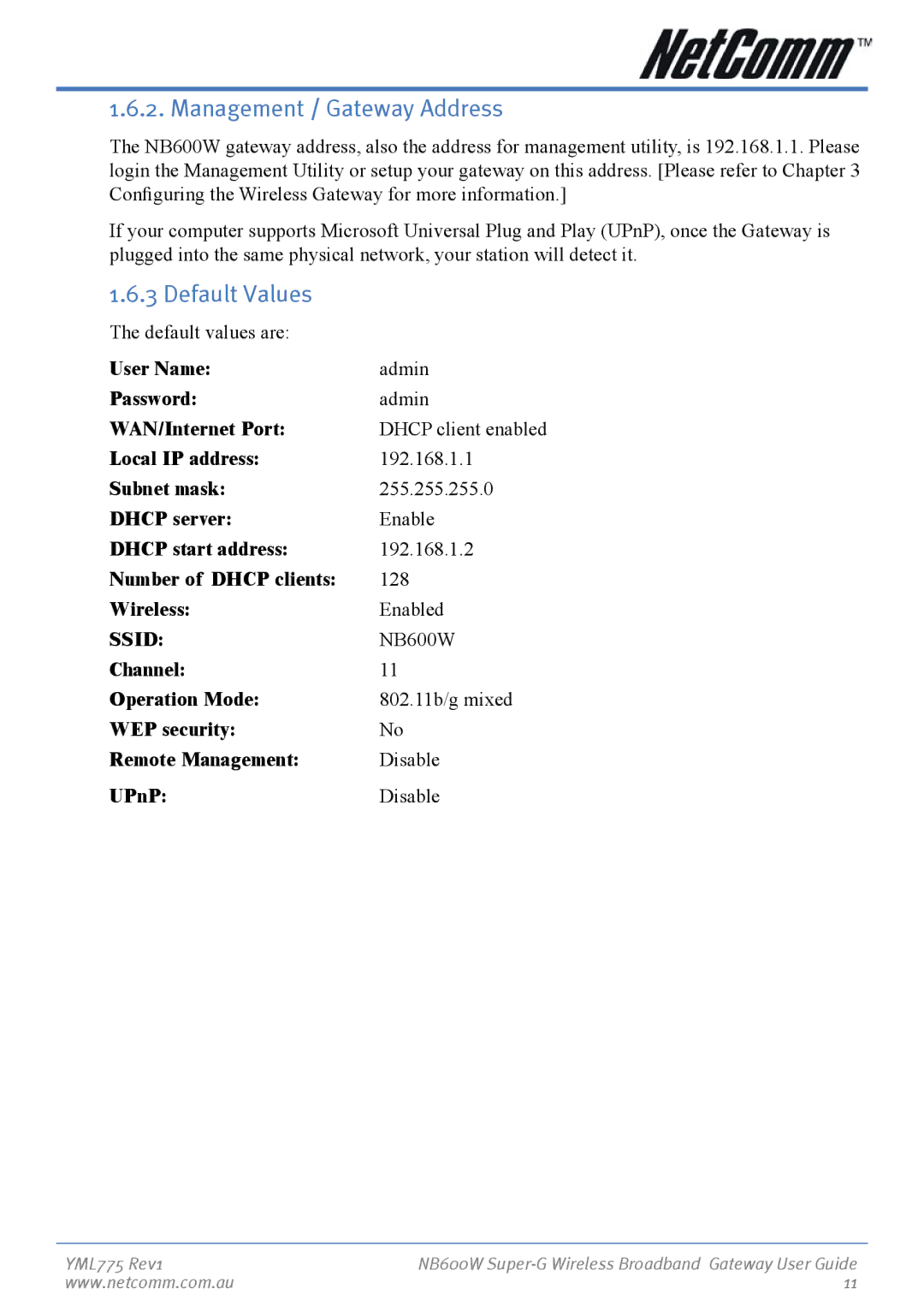 NetComm NB600W manual Management / Gateway Address, Default Values 