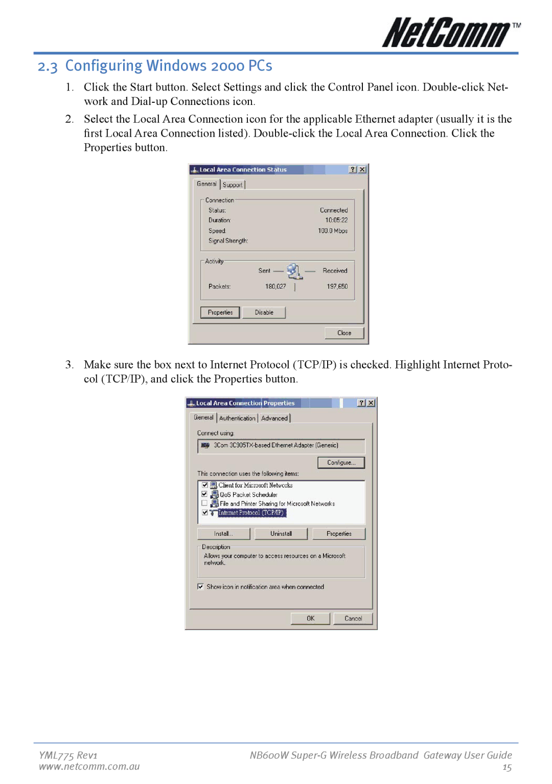 NetComm NB600W manual Configuring Windows 2000 PCs 