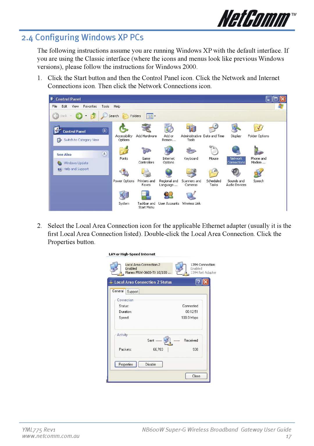NetComm NB600W manual Configuring Windows XP PCs 