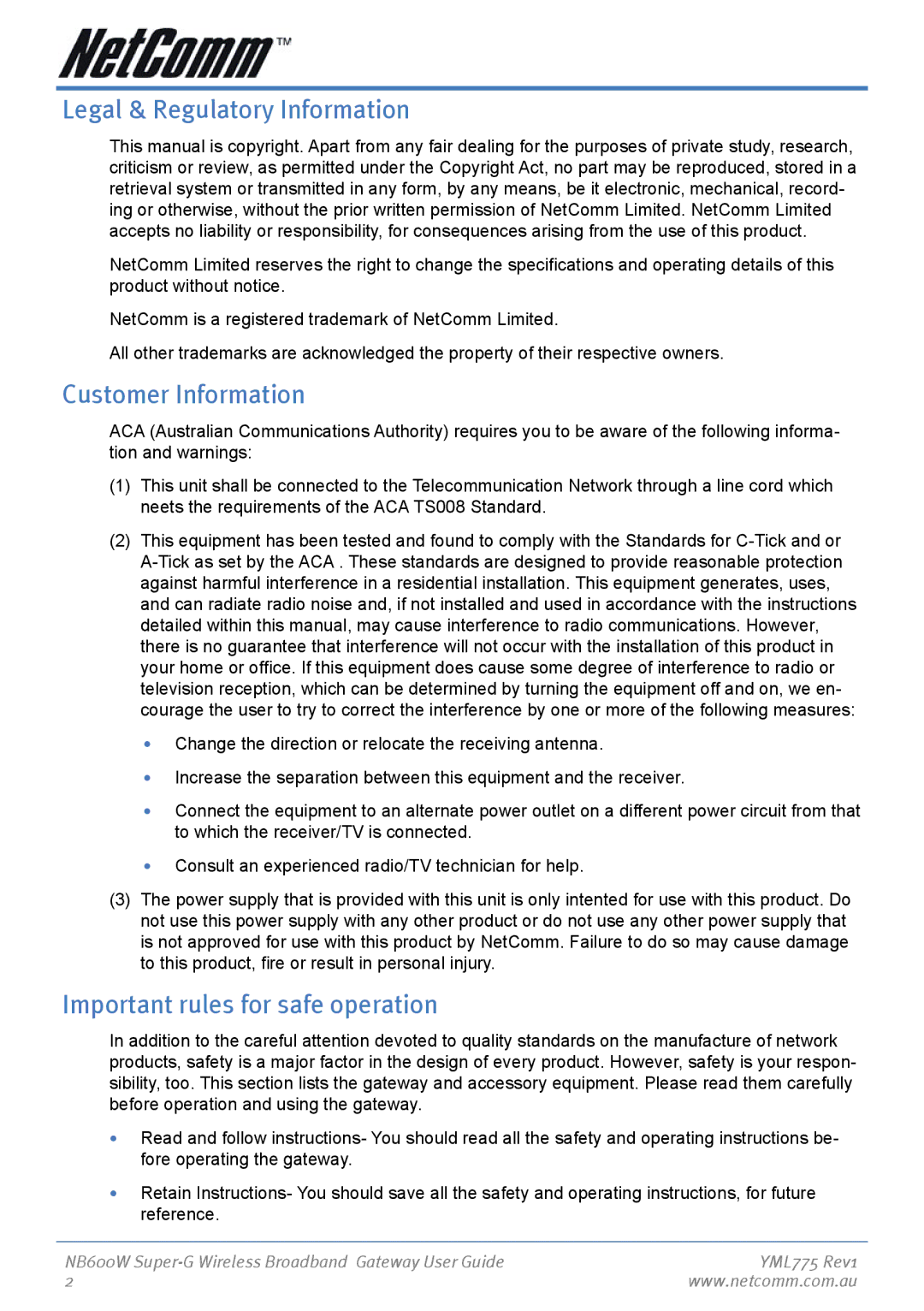 NetComm NB600W manual Legal & Regulatory Information, Customer Information, Important rules for safe operation 