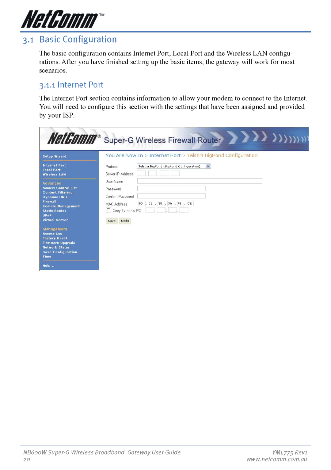 NetComm NB600W manual Basic Configuration, Internet Port 