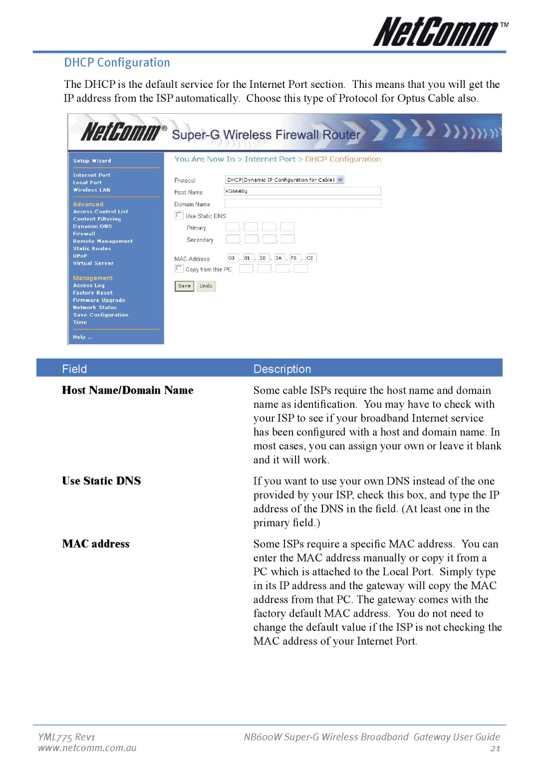 NetComm NB600W manual Dhcp Configuration, Host Name/Domain Name, Use Static DNS, MAC address 