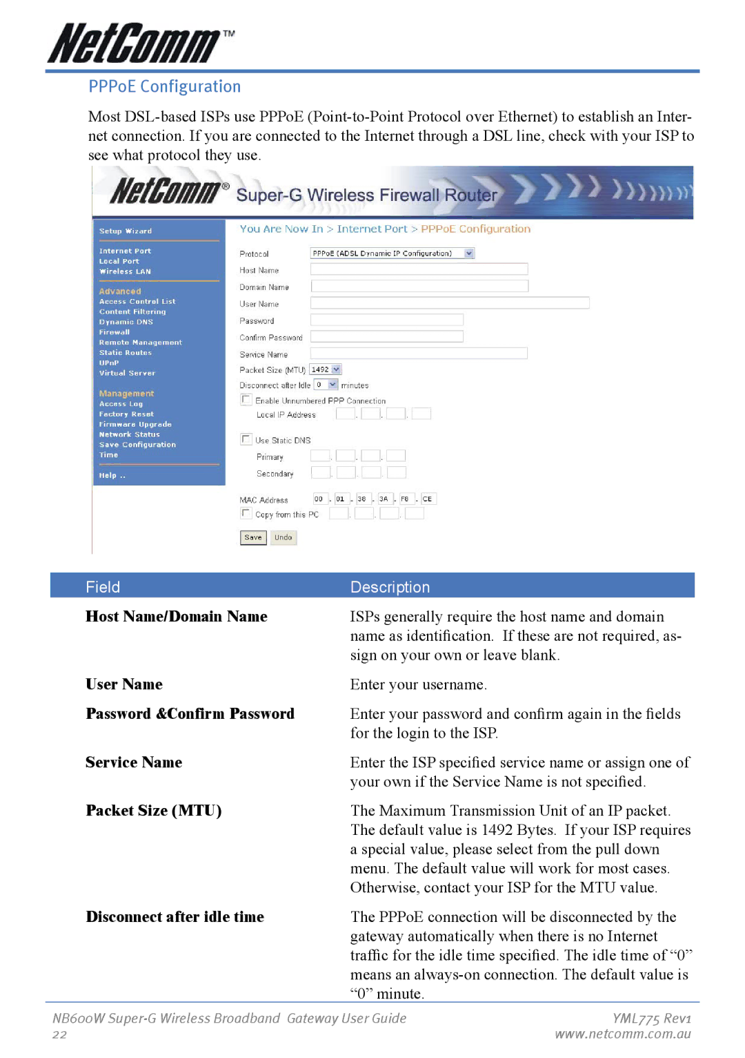 NetComm NB600W PPPoE Configuration, Password &Confirm Password, Service Name, Packet Size MTU, Disconnect after idle time 