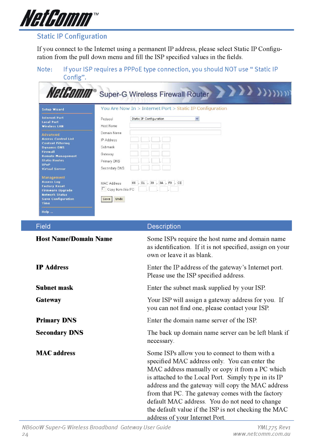 NetComm NB600W manual Static IP Configuration, IP Address, Gateway, Primary DNS, Secondary DNS 