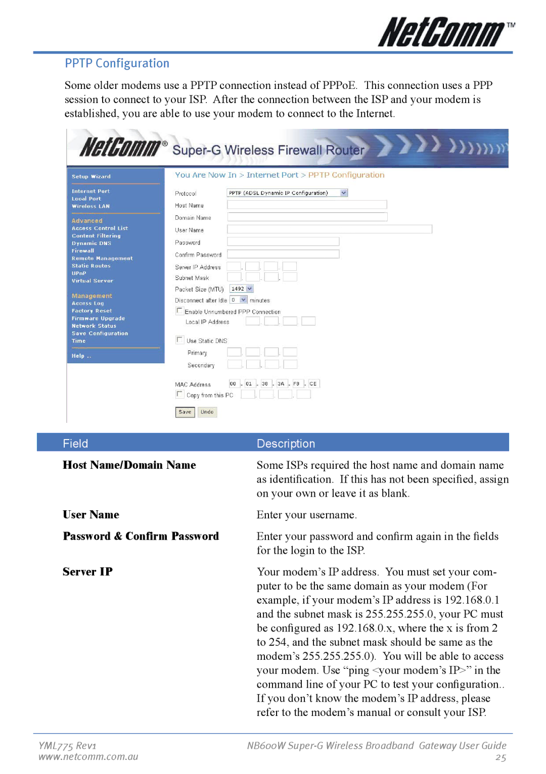 NetComm NB600W manual Pptp Configuration, Password & Confirm Password, Server IP 