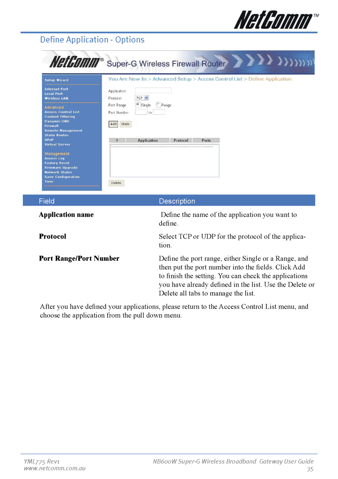 NetComm NB600W manual Define Application Options, Application name, Protocol, Port Range/Port Number 