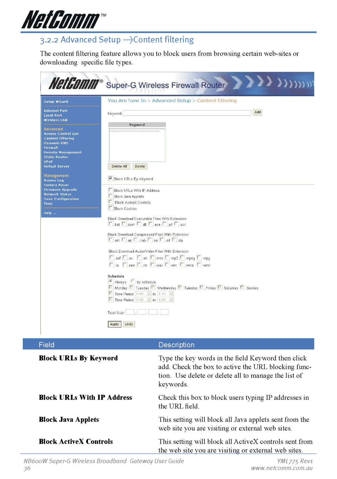 NetComm NB600W Advanced Setup Content filtering, Block URLs By Keyword, Block URLs With IP Address, Block Java Applets 