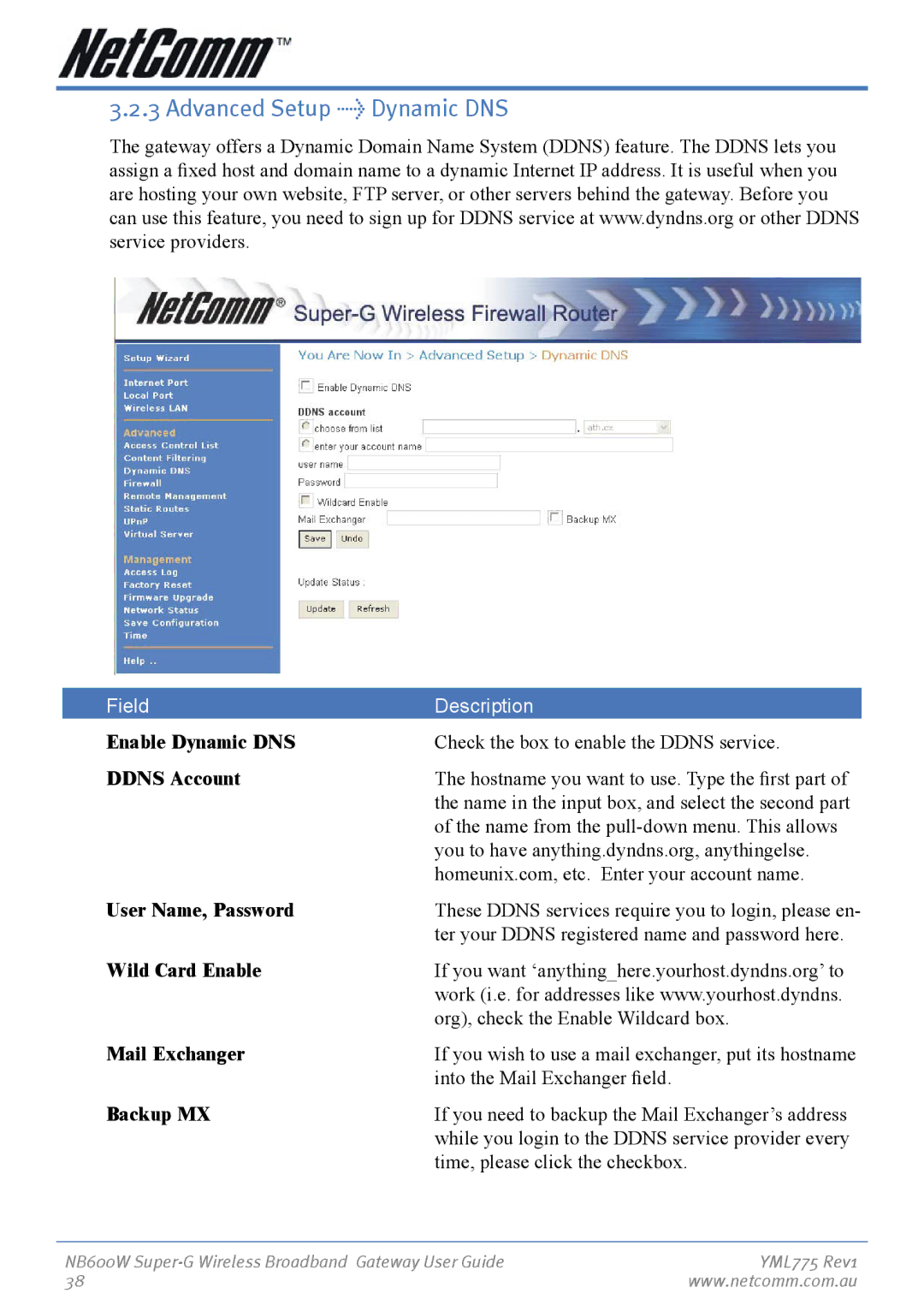 NetComm NB600W manual Advanced Setup Dynamic DNS 