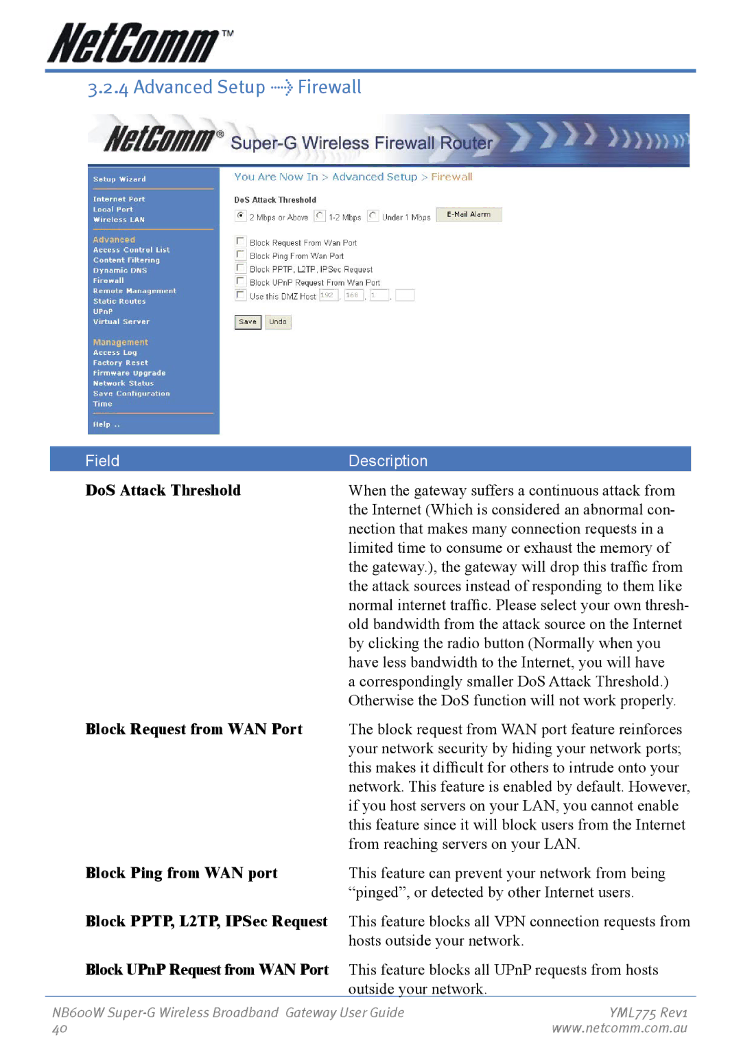 NetComm NB600W manual Advanced Setup Firewall 