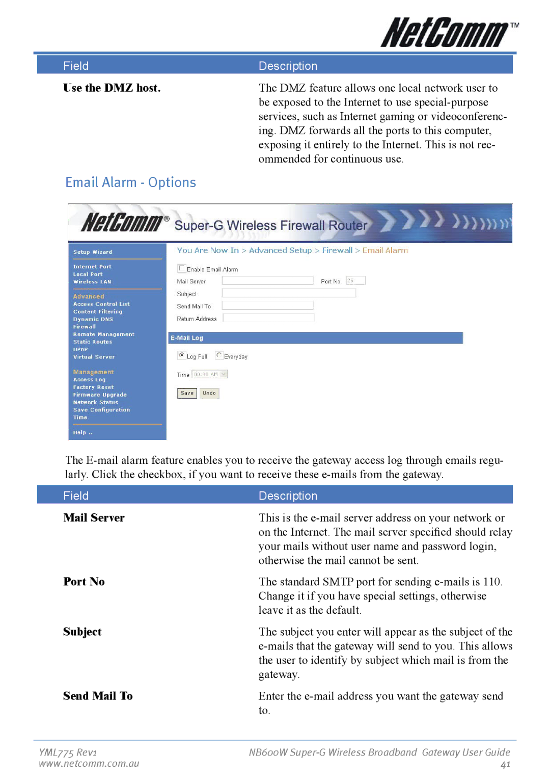NetComm NB600W manual Email Alarm Options 