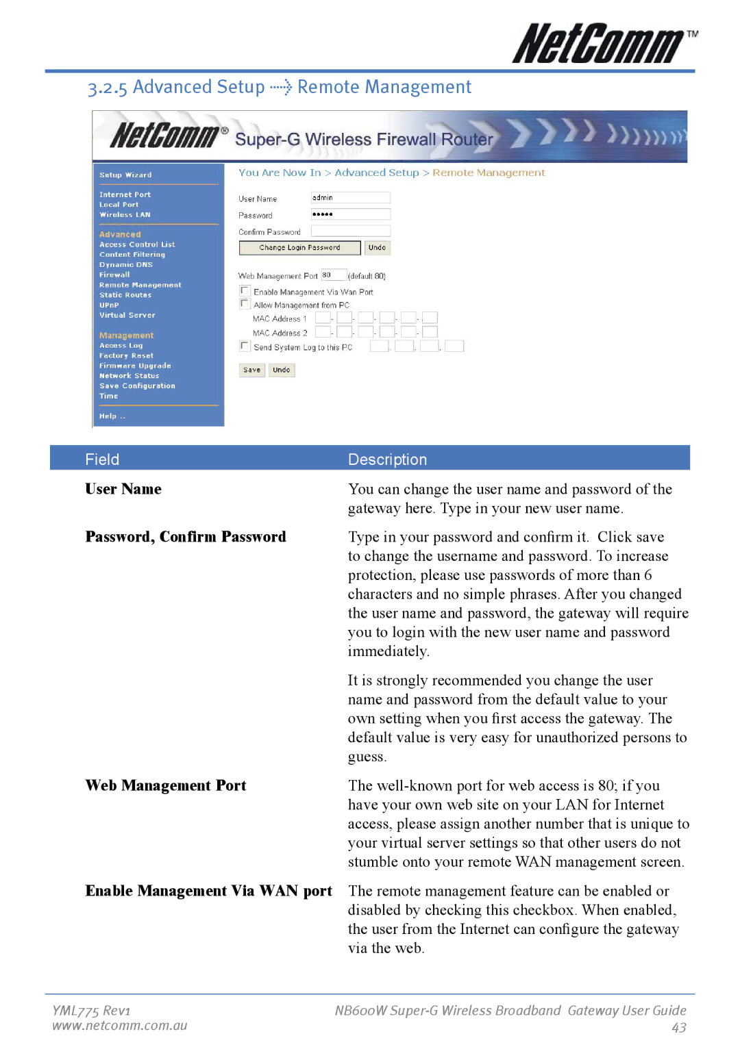 NetComm NB600W manual Advanced Setup Remote Management, Password, Confirm Password, Web Management Port 