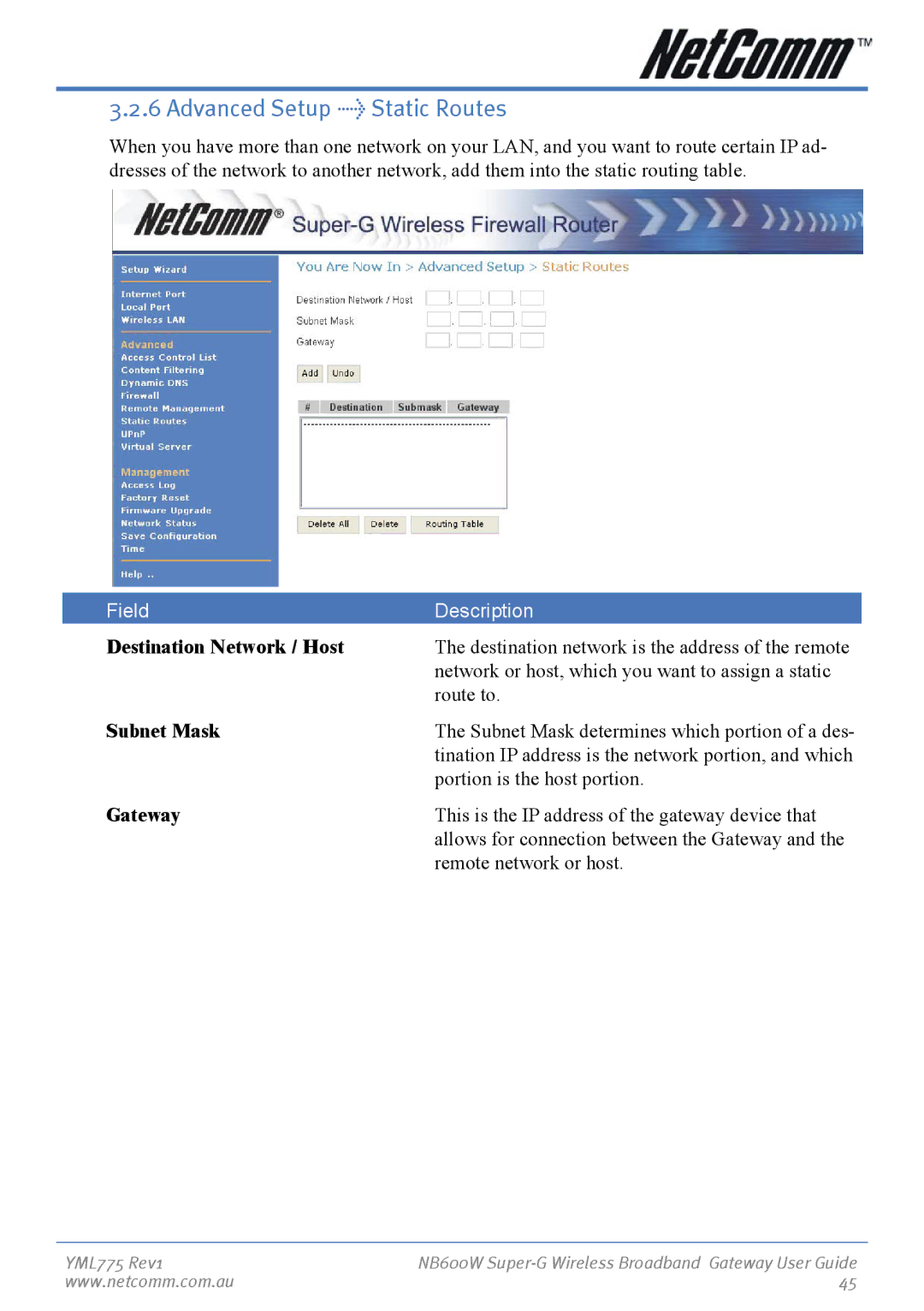 NetComm NB600W manual Advanced Setup Static Routes, Destination Network / Host 
