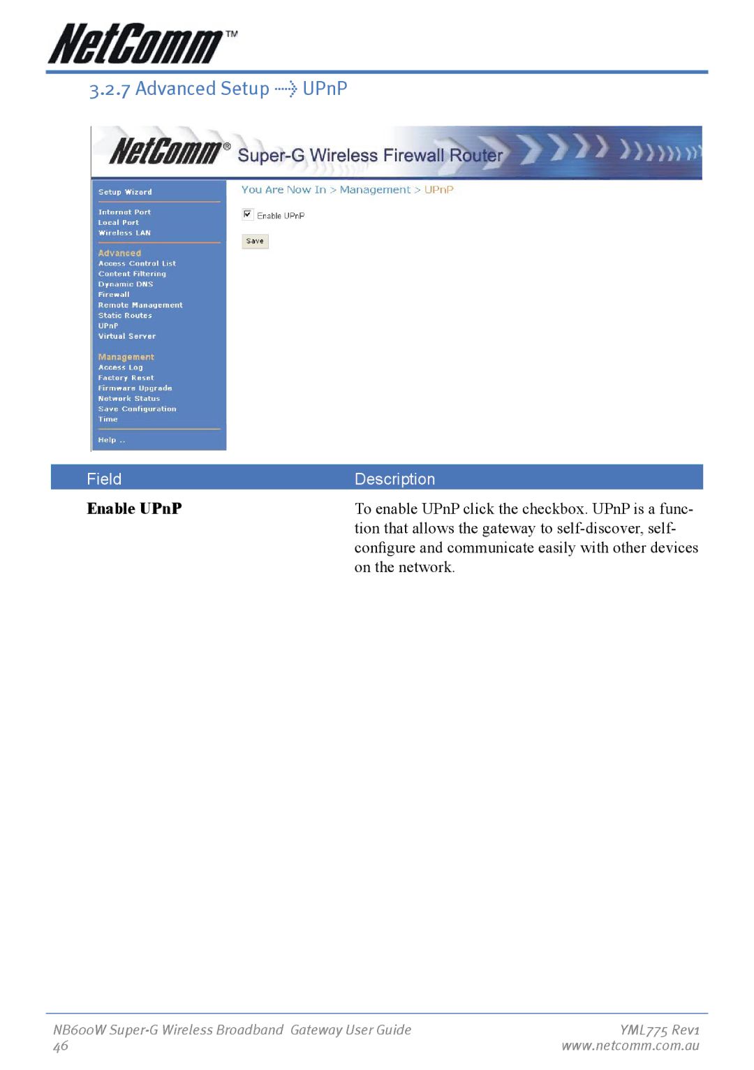 NetComm NB600W manual Advanced Setup UPnP, Enable UPnP 