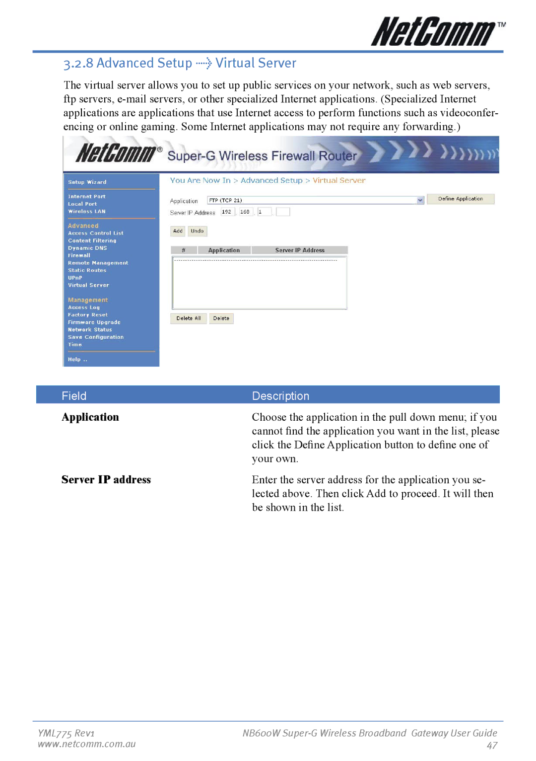NetComm NB600W manual Advanced Setup Virtual Server, Server IP address 