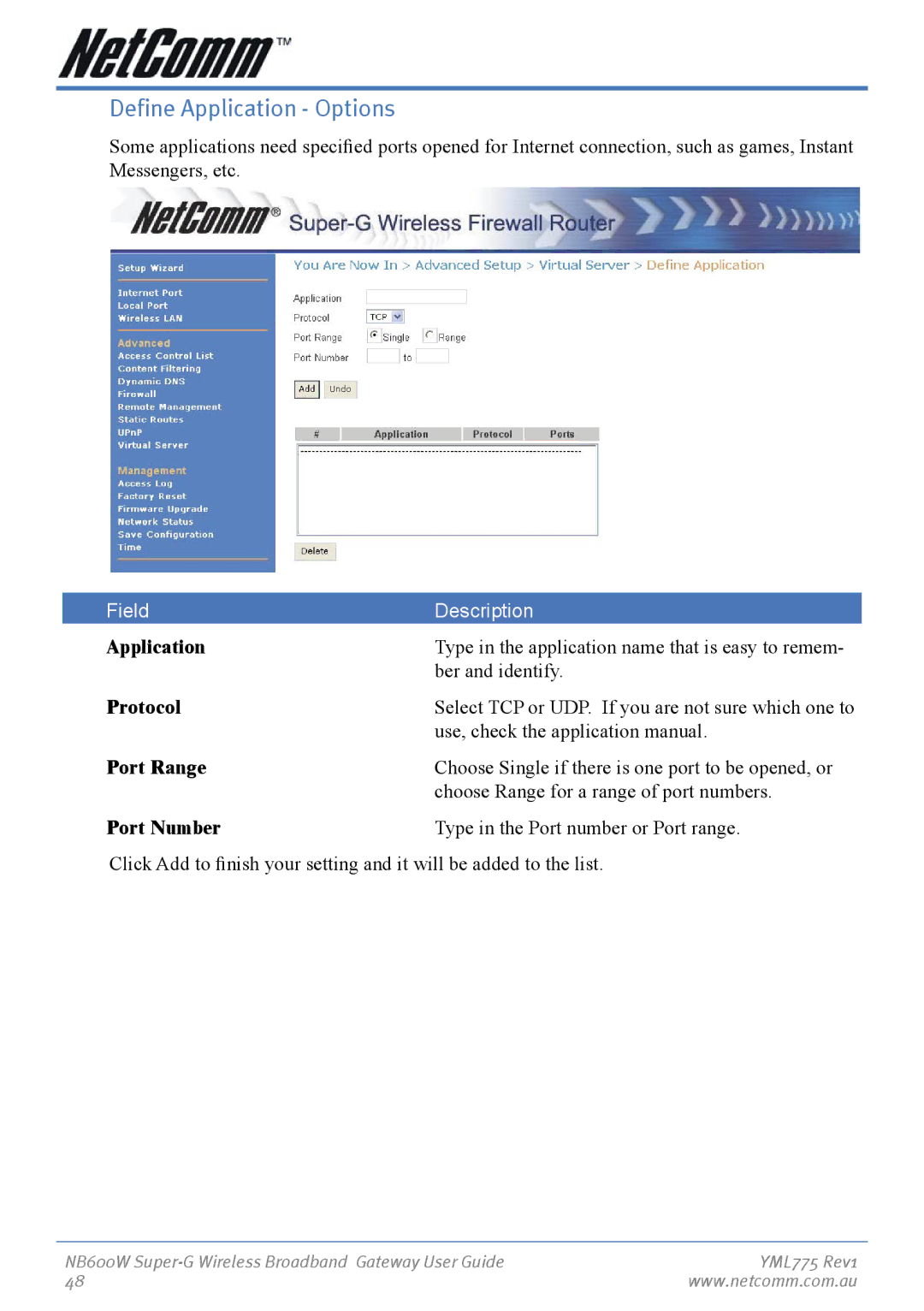 NetComm NB600W manual Port Range, Port Number 