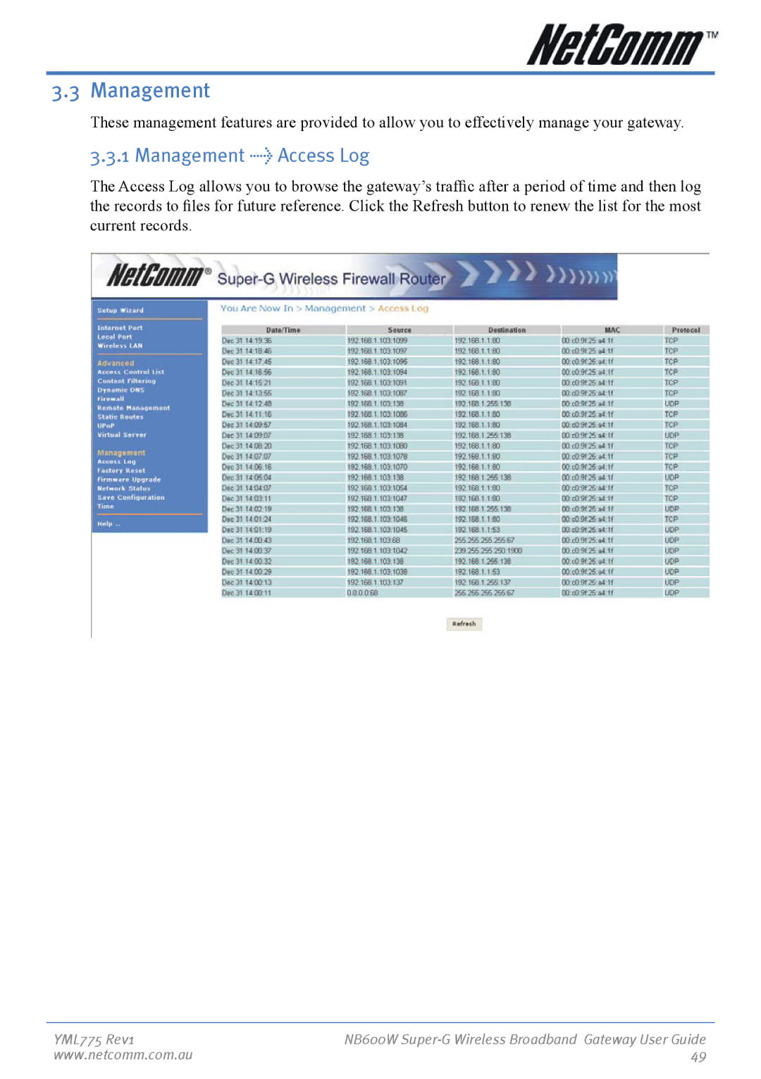 NetComm NB600W manual Management Access Log 