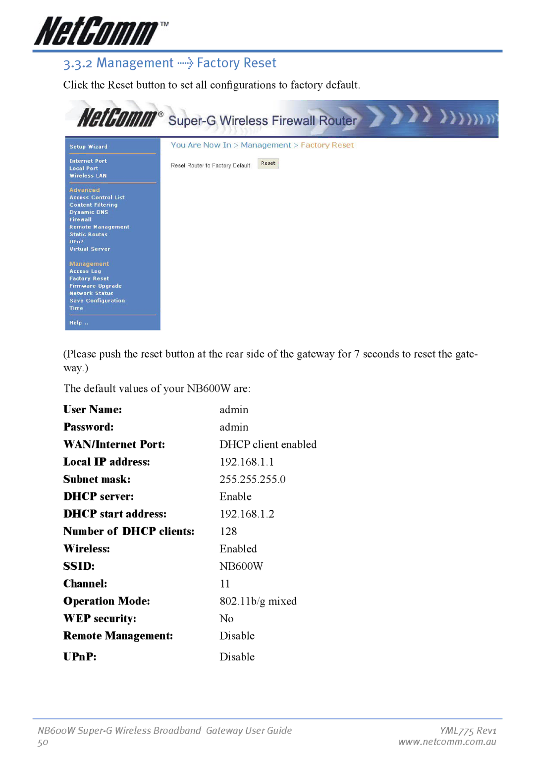 NetComm NB600W manual Management Factory Reset 