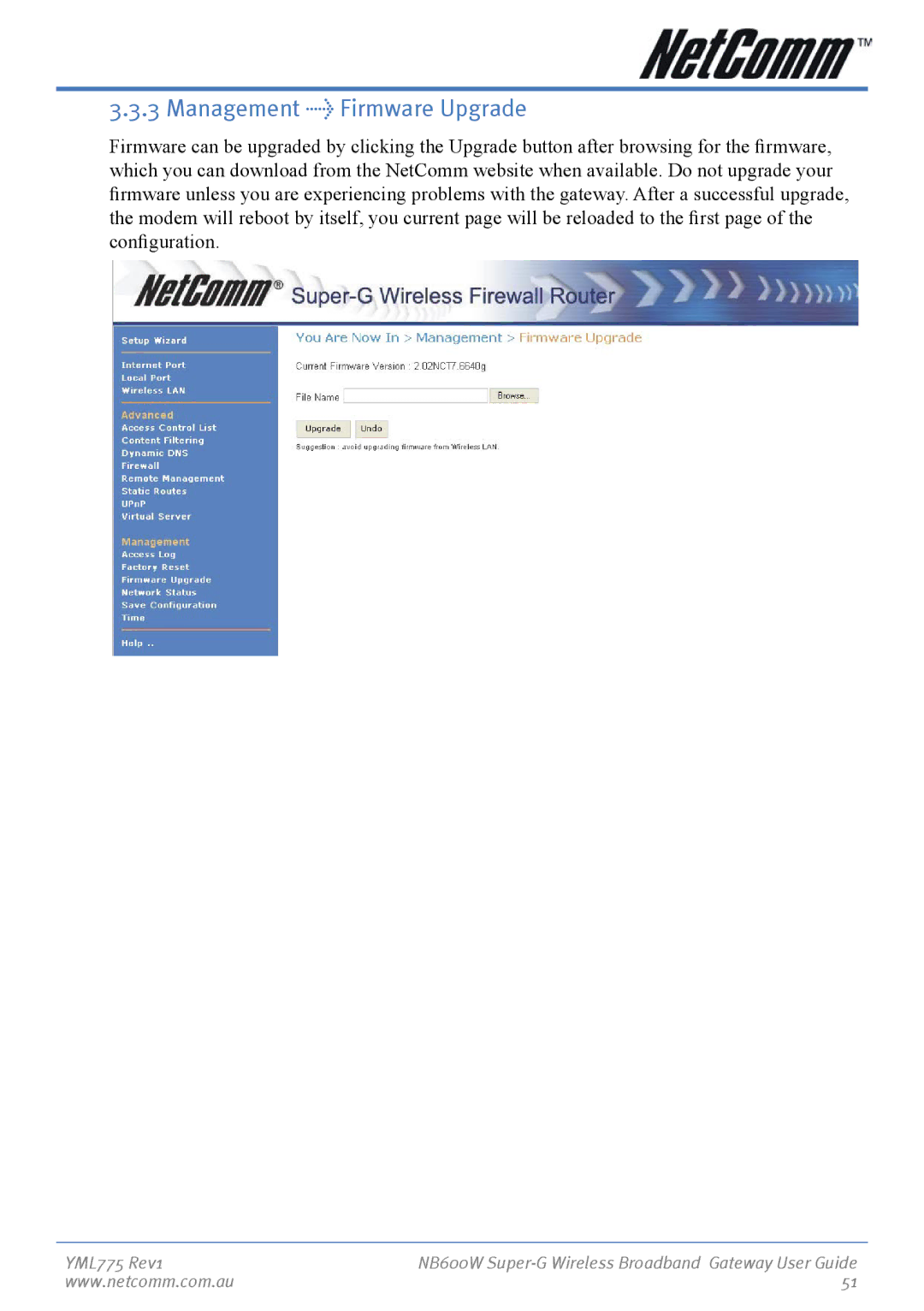 NetComm NB600W manual Management Firmware Upgrade 