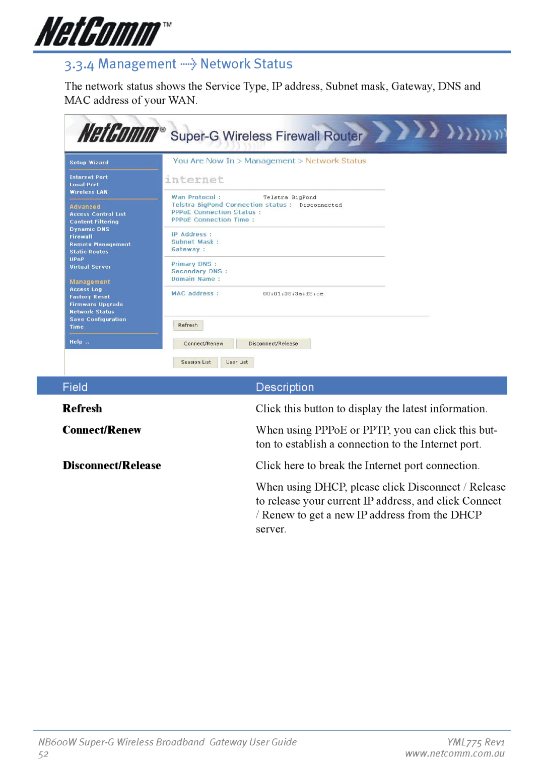 NetComm NB600W manual Management Network Status, Refresh, Connect/Renew, Disconnect/Release 