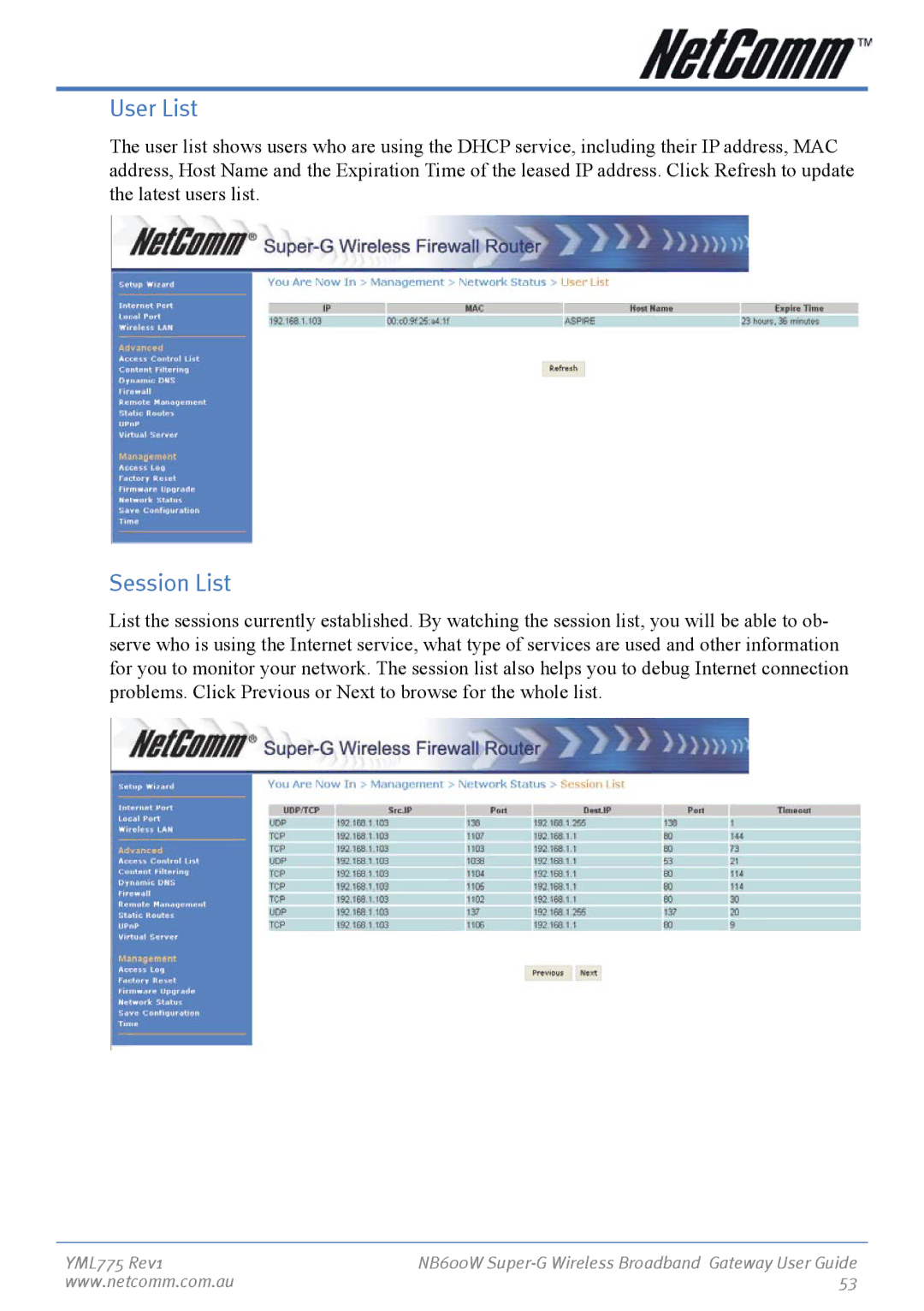 NetComm NB600W manual User List, Session List 