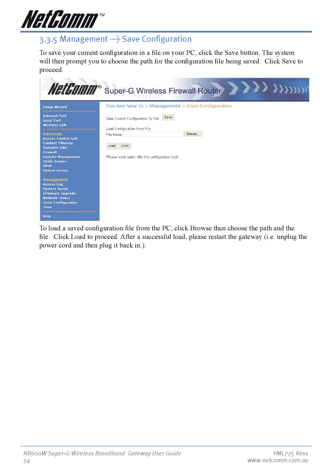 NetComm NB600W manual Management Save Configuration 