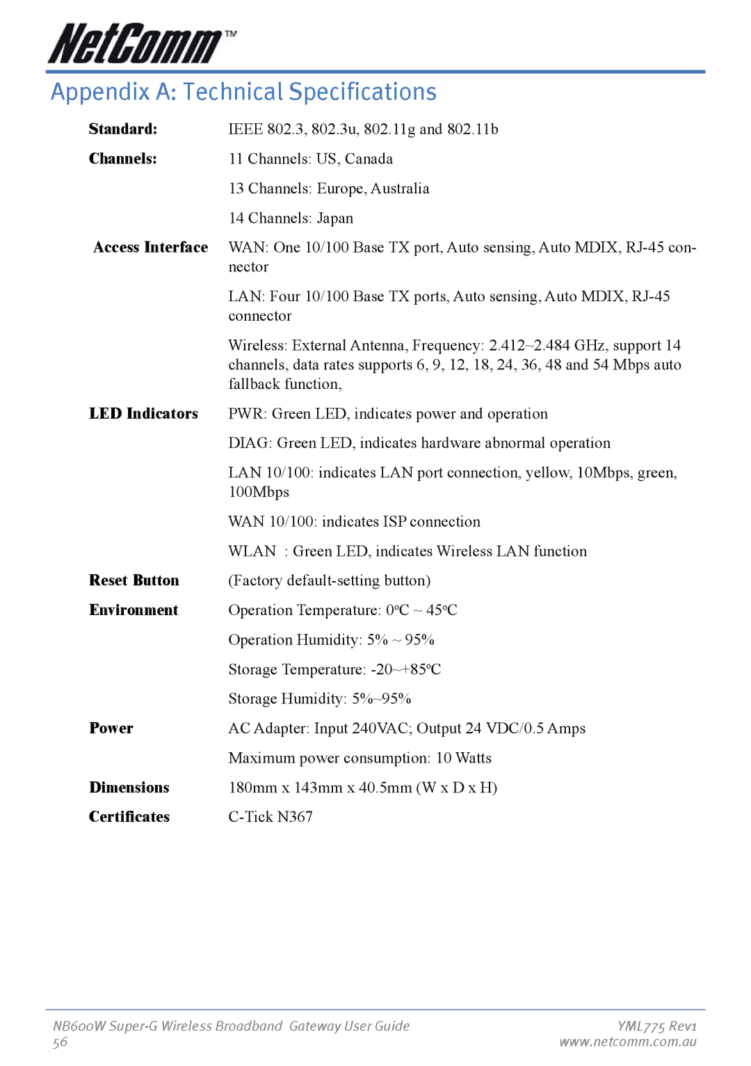 NetComm NB600W manual Appendix a Technical Specifications 