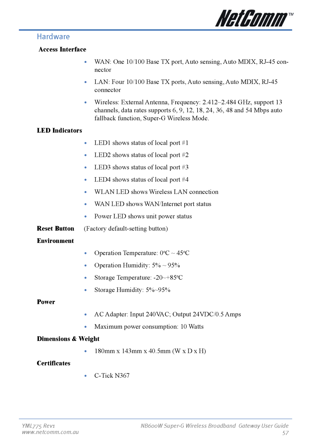 NetComm NB600W manual Hardware, Dimensions & Weight 