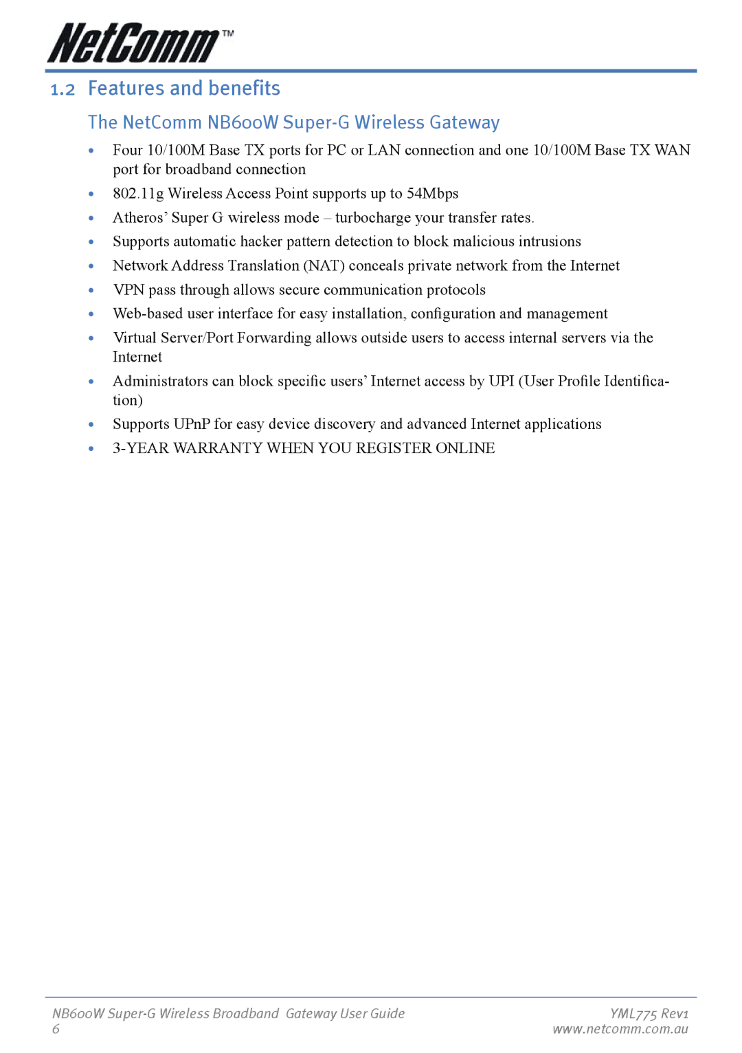 NetComm manual Features and benefits, NetComm NB600W Super-G Wireless Gateway 