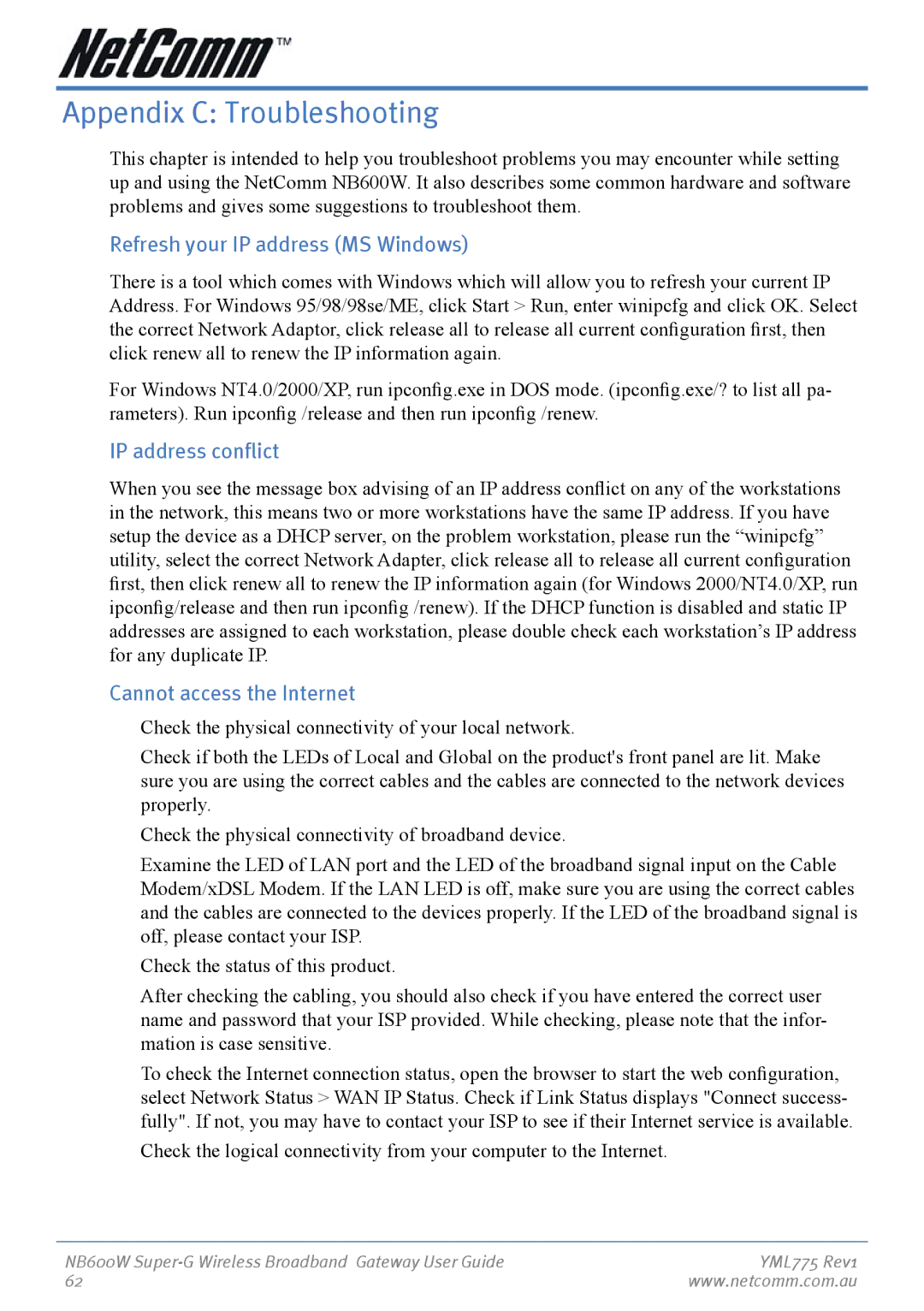 NetComm NB600W manual Appendix C Troubleshooting, Refresh your IP address MS Windows, IP address conflict 