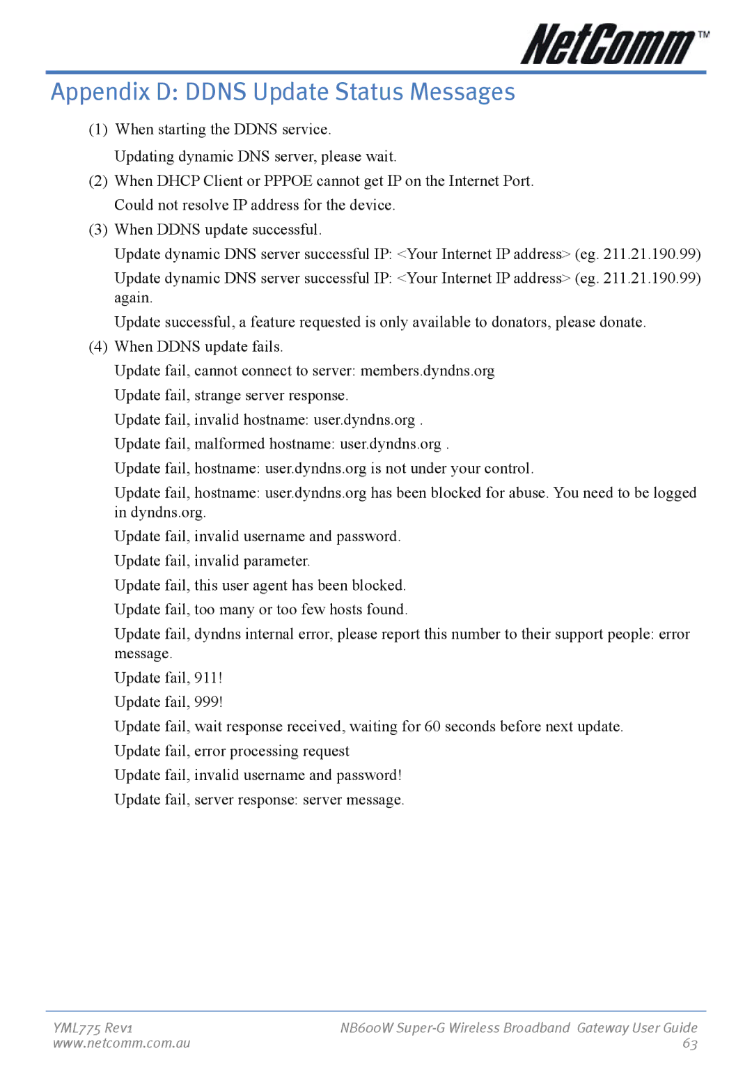 NetComm NB600W manual Appendix D Ddns Update Status Messages 