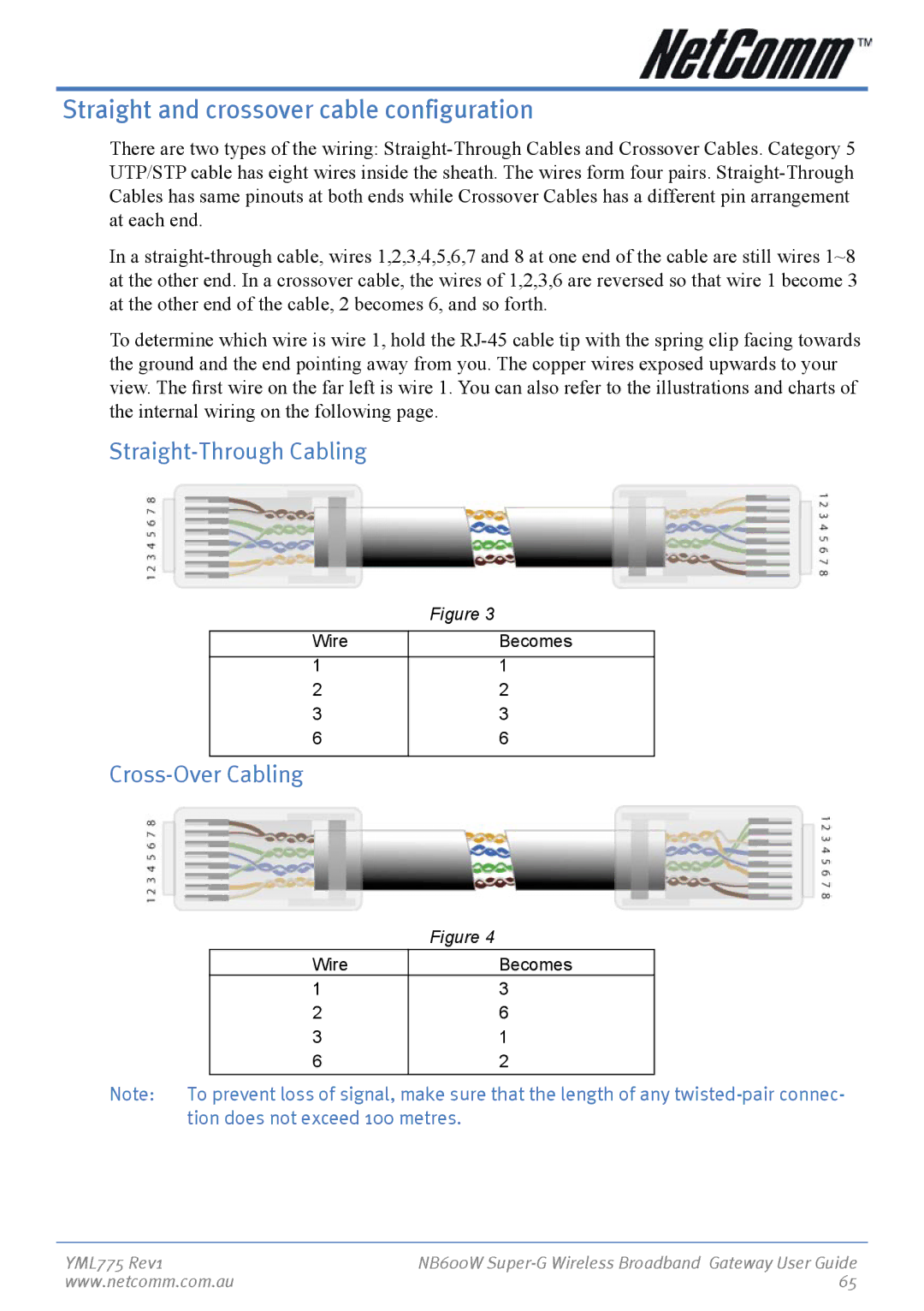 NetComm NB600W manual Straight and crossover cable configuration, Straight-Through Cabling, Cross-Over Cabling 