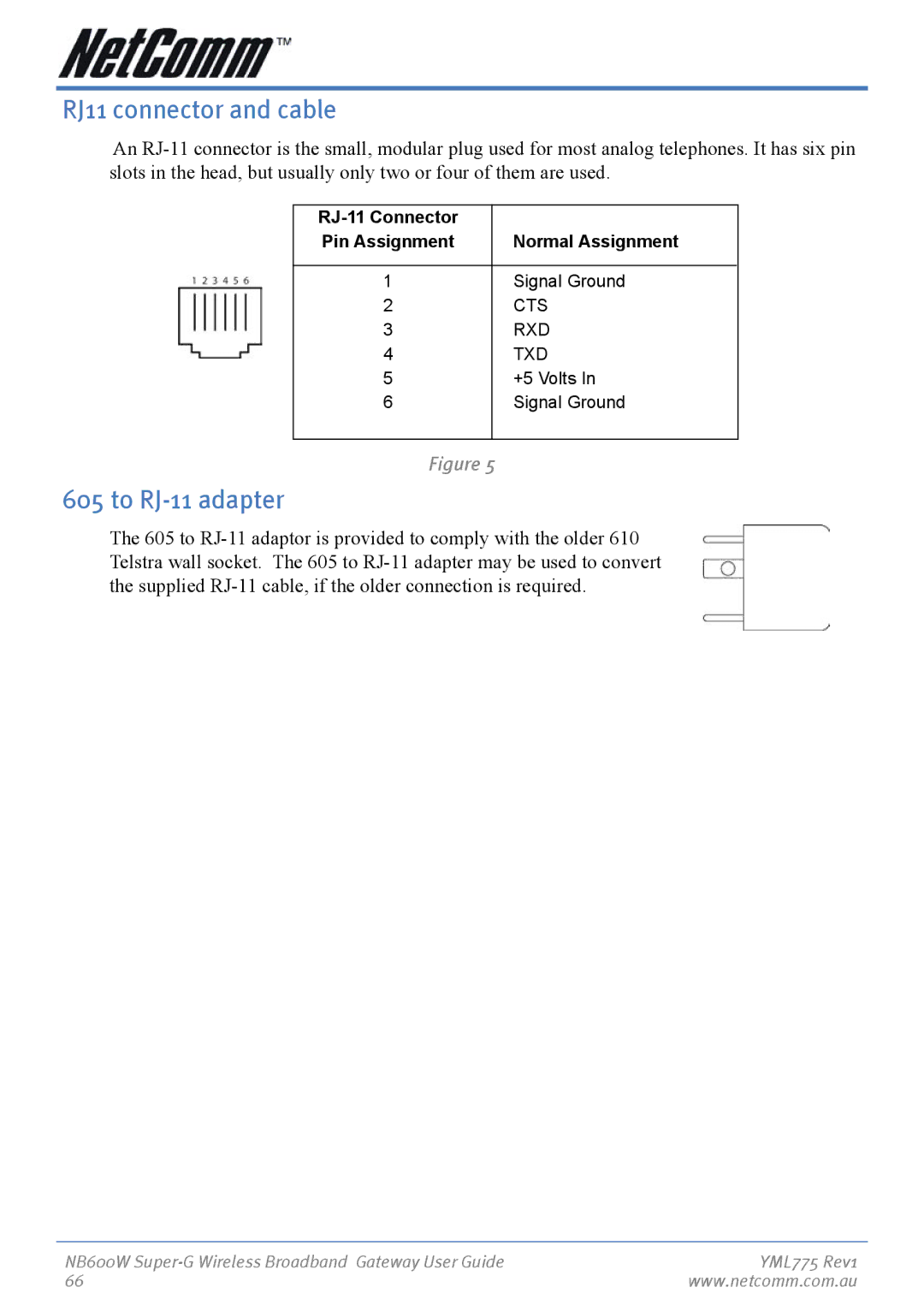 NetComm NB600W manual RJ11 connector and cable, To RJ-11 adapter 
