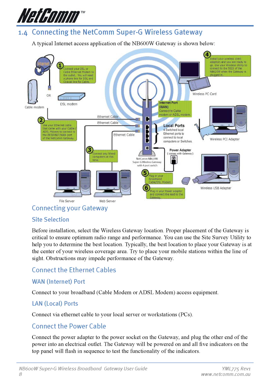 NetComm NB600W manual Connecting the NetComm Super-G Wireless Gateway, Connecting your Gateway, Connect the Ethernet Cables 