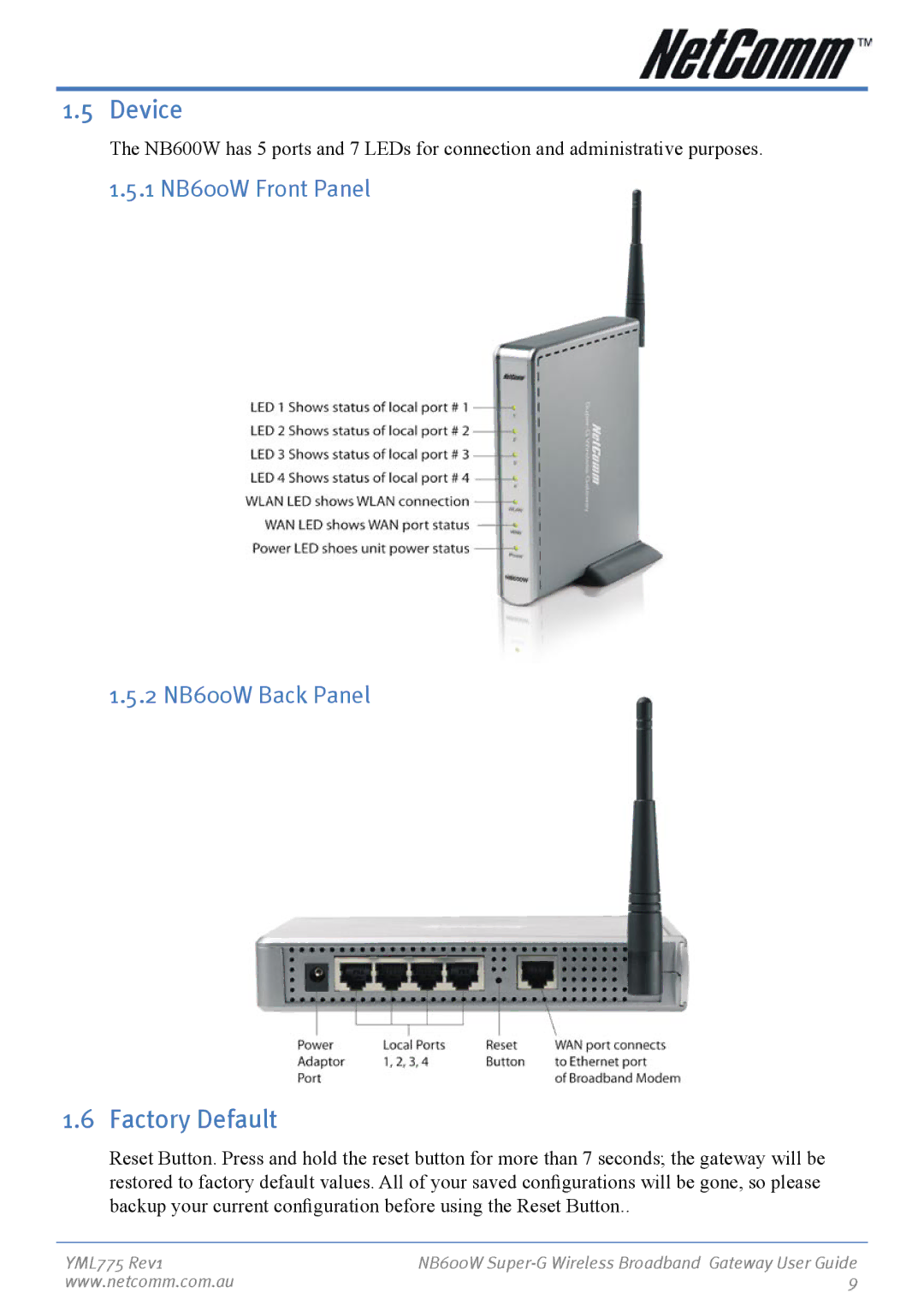 NetComm manual Device, Factory Default, 1 NB600W Front Panel 2 NB600W Back Panel 