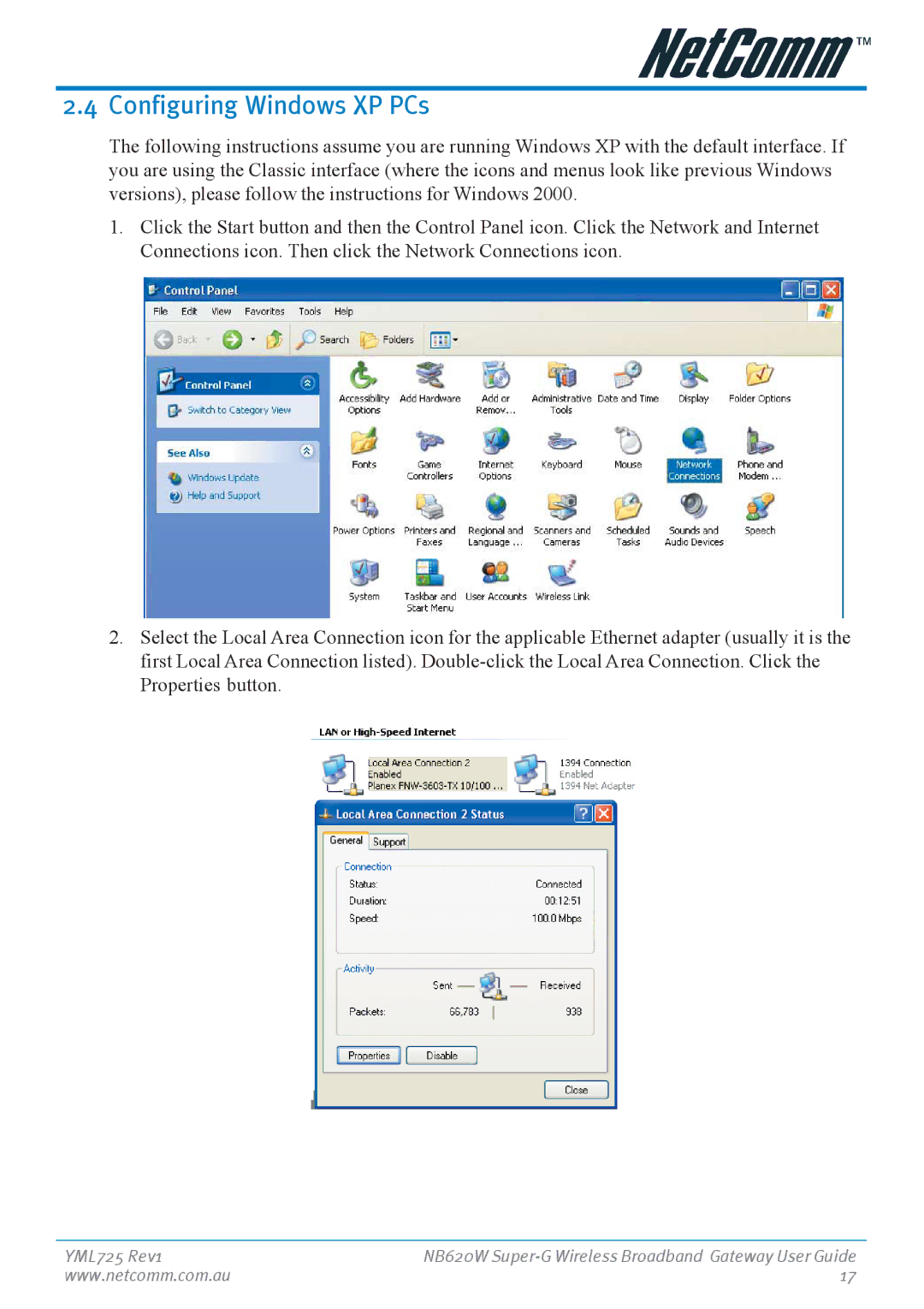 NetComm NB620W manual Configuring Windows XP PCs 