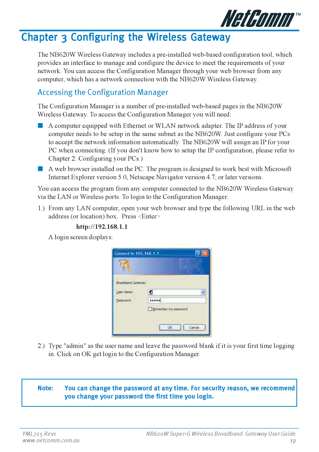 NetComm NB620W manual Configuring the Wireless Gateway, Accessing the Configuration Manager 