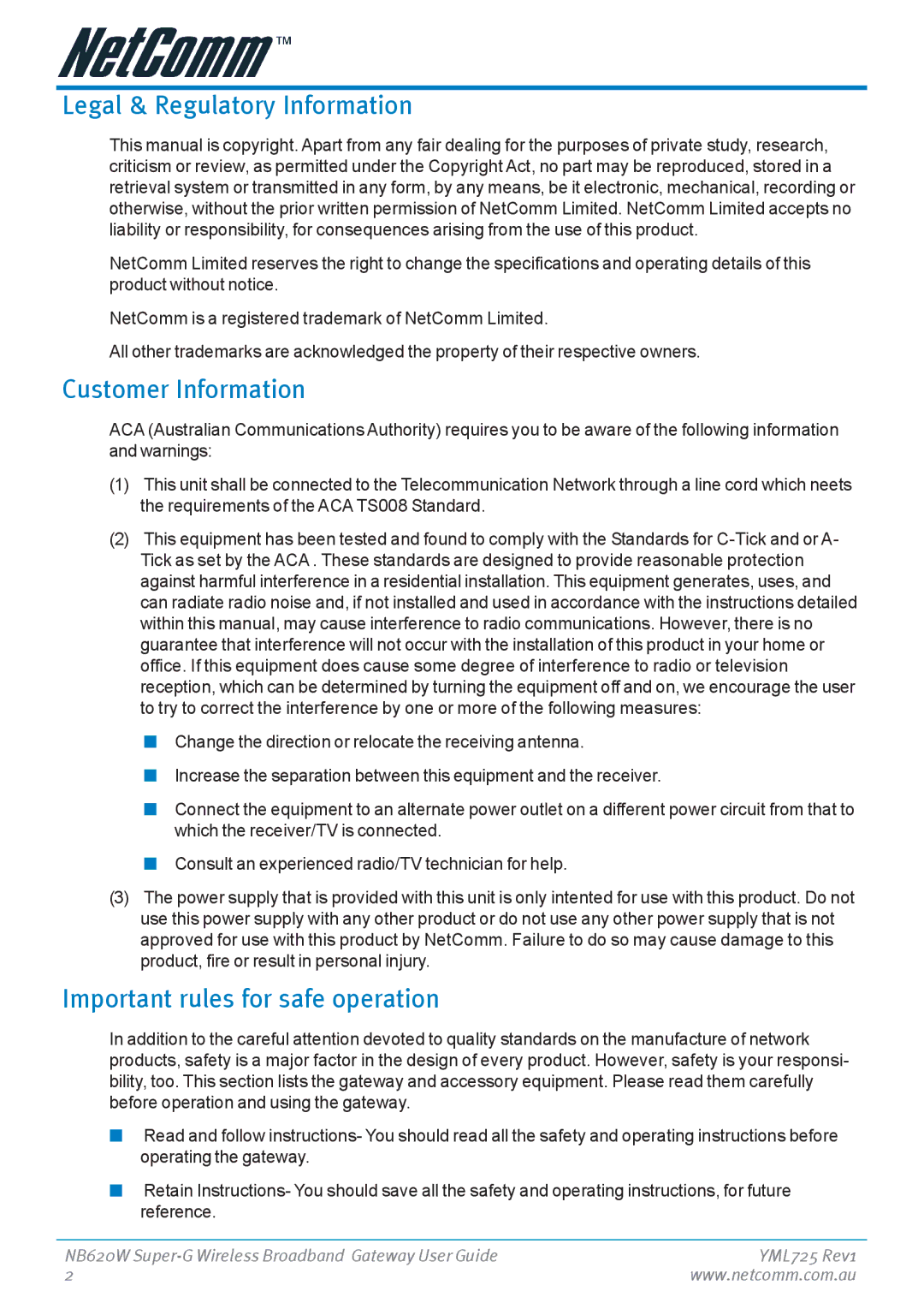 NetComm NB620W manual Legal & Regulatory Information, Customer Information, Important rules for safe operation 