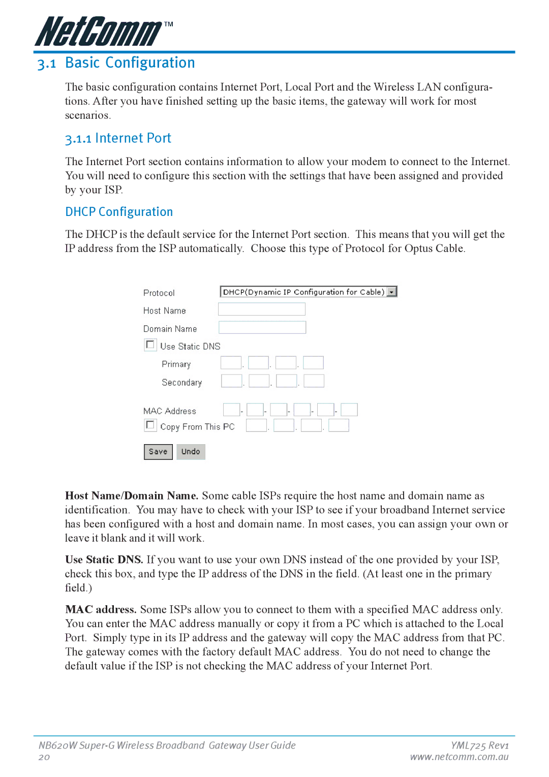 NetComm NB620W manual Basic Configuration, Internet Port, Dhcp Configuration 