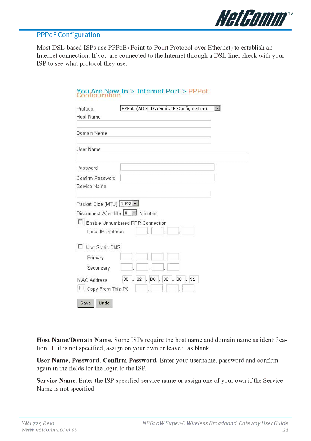 NetComm NB620W manual PPPoE Configuration 