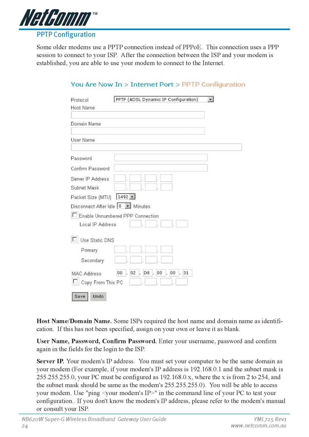 NetComm NB620W manual Pptp Configuration 