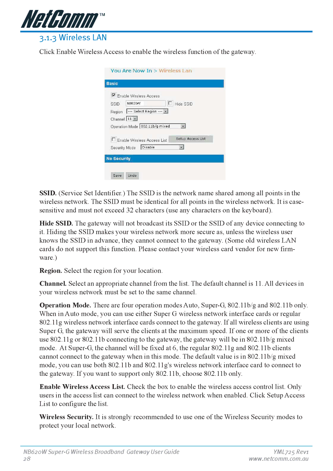 NetComm NB620W manual Wireless LAN 