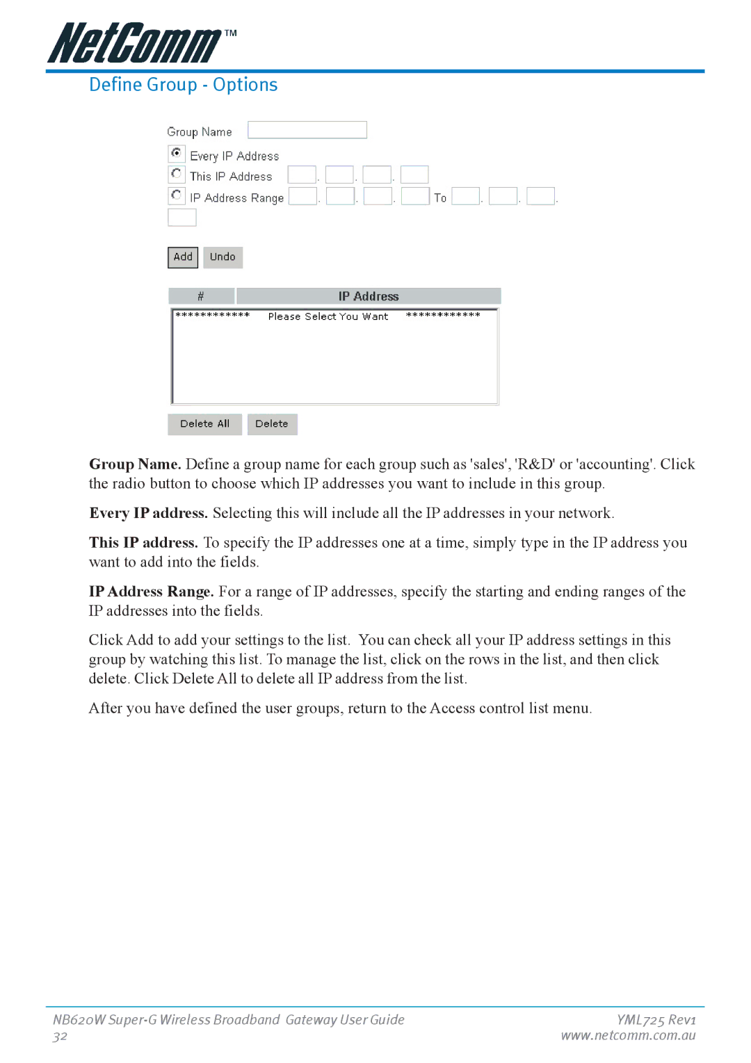 NetComm NB620W manual Define Group Options 