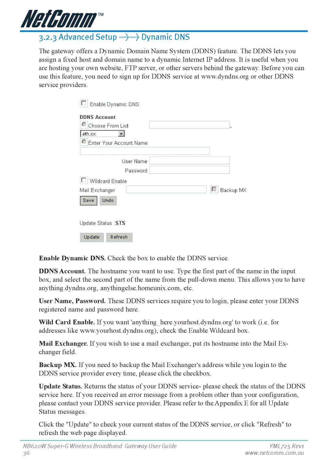 NetComm NB620W manual Advanced Setup Dynamic DNS 