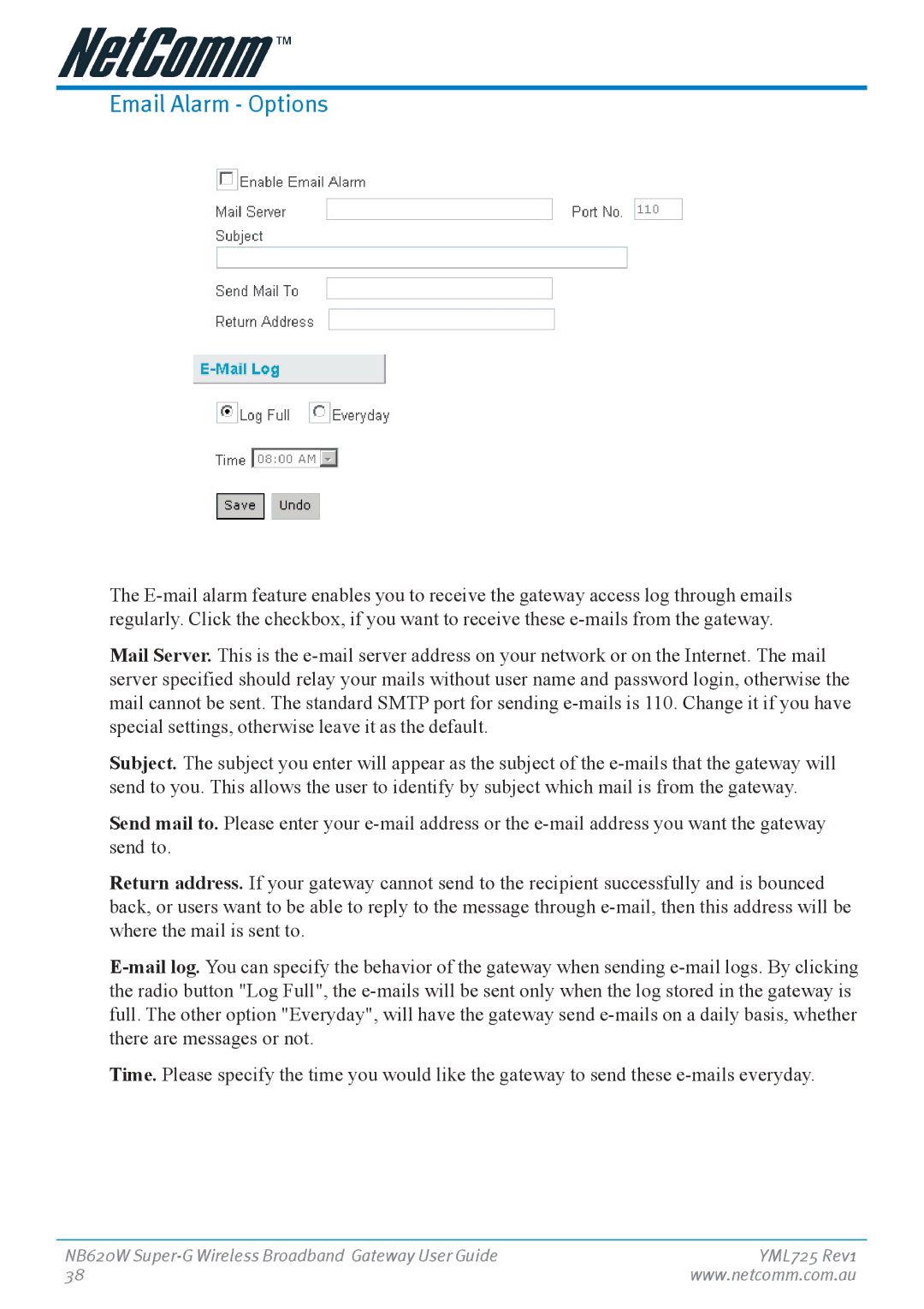 NetComm NB620W manual Email Alarm Options 