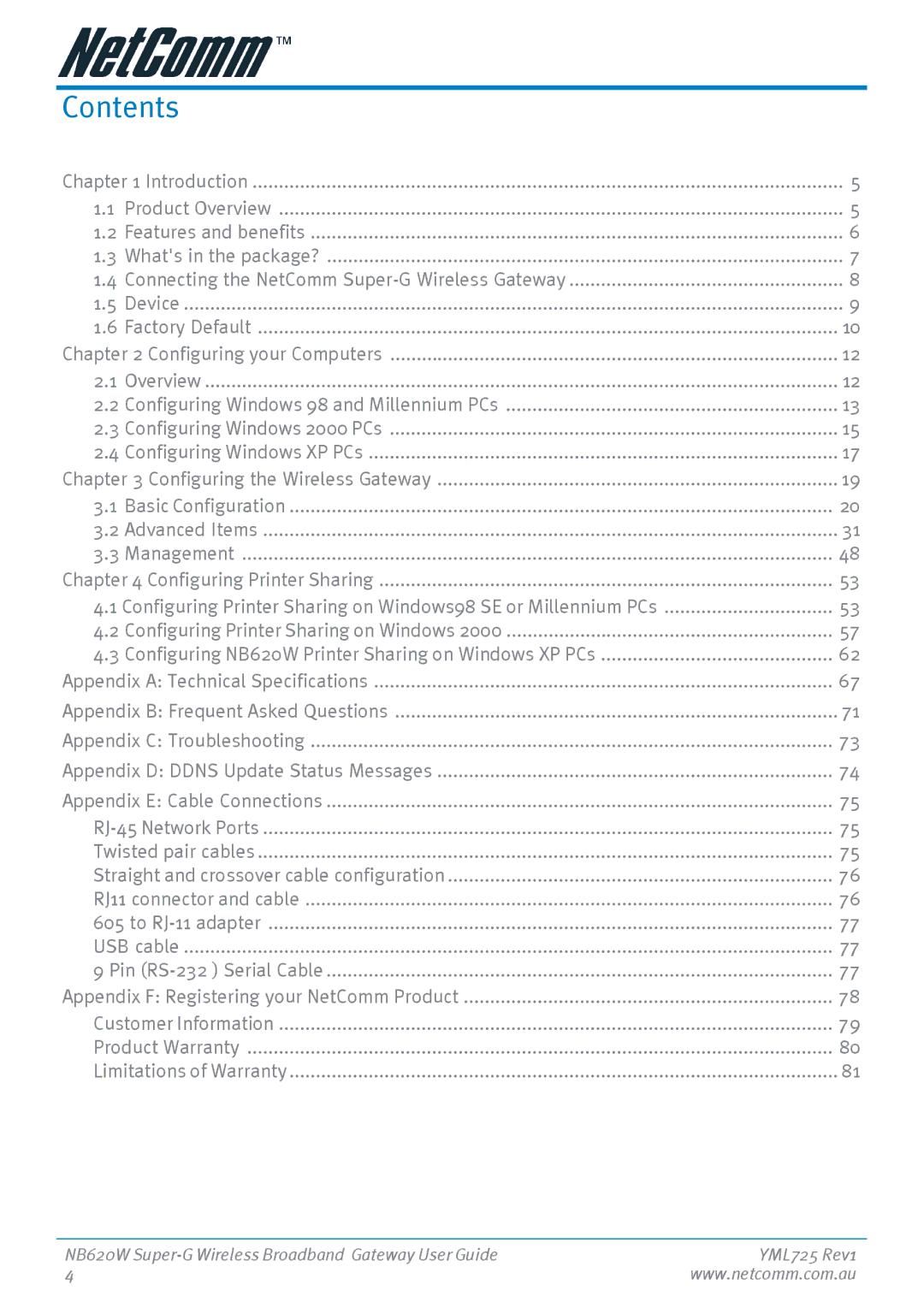 NetComm NB620W manual Contents 